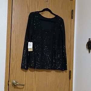 Chic Black Sequin Long Sleeve Blouse